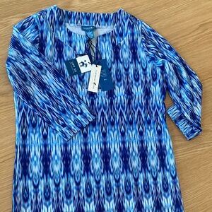 Caribbean Joe Women Blue/White Ikat Print UPF 50 Protection Tunic Dress Size S
